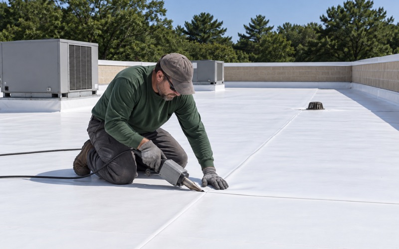 A roofer welding a white membrane seam on the flat roof of a Route 9 retail building in Howell.