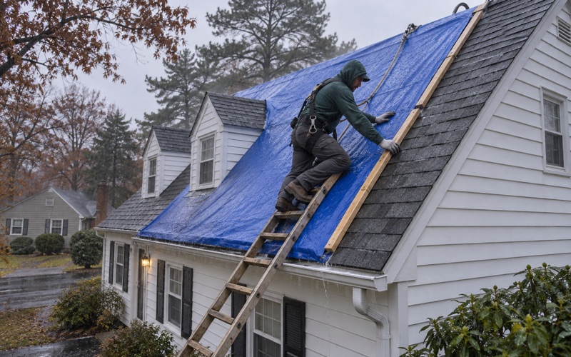 A blue tarp being battened over a damaged roof on a Howell Cape Cod in steady rain.