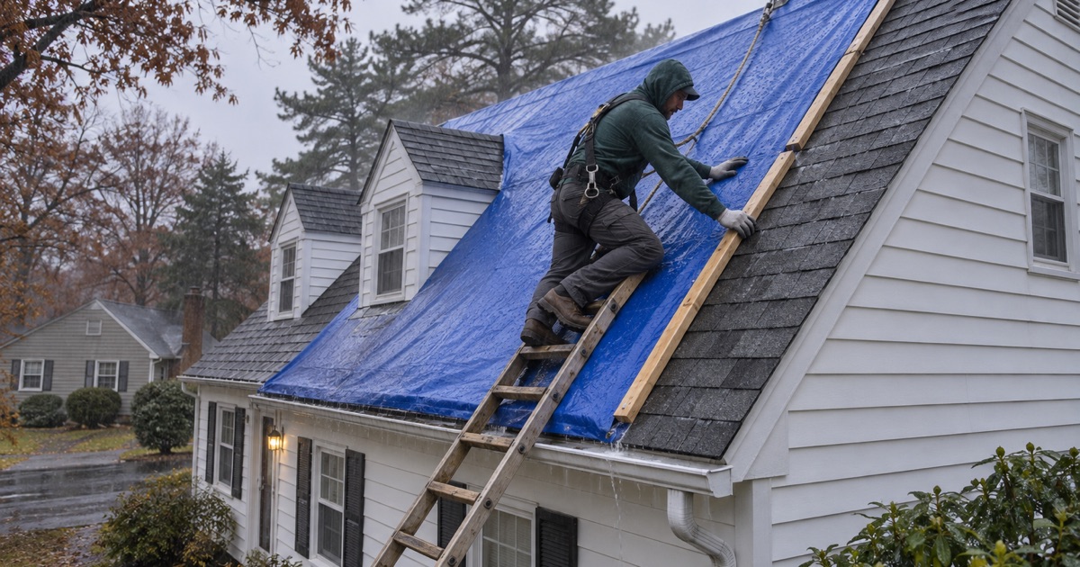 A blue tarp being battened over a damaged roof on a Howell Cape Cod in steady rain.