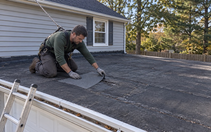 A self-adhered membrane patch being pressed onto the flat roof over a Howell garage.