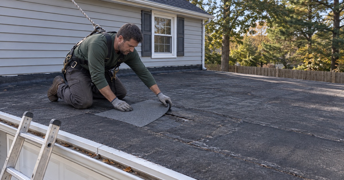 A self-adhered membrane patch being pressed onto the flat roof over a Howell garage.