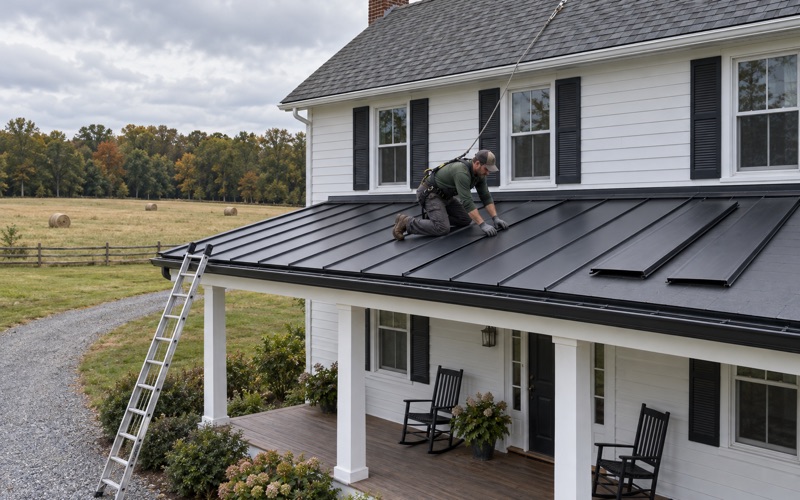 Standing-seam steel panels being laid on the low porch roof of a farmhouse on the west side of Howell.