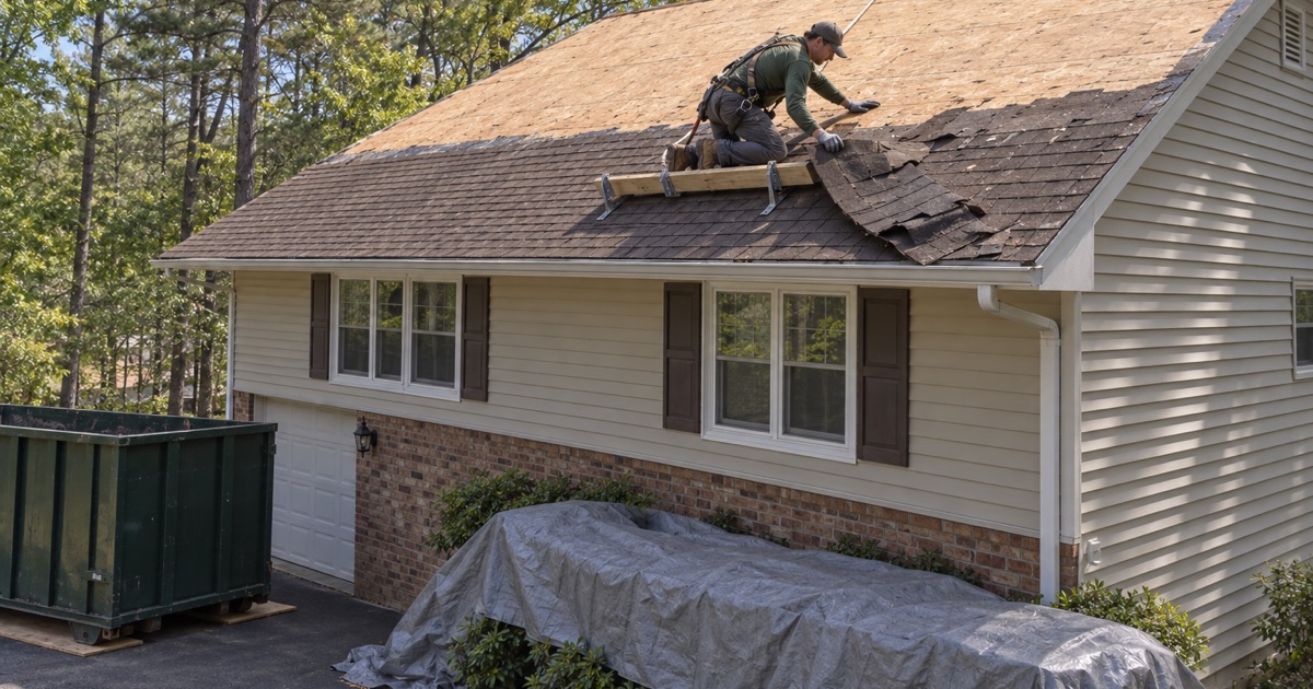 Old shingles being torn off a Howell bi-level down to the board deck at the start of a roof replacement.