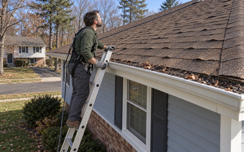 A roofer on a ladder checking curled shingles and loose granules at the gutter of a Howell bi-level.