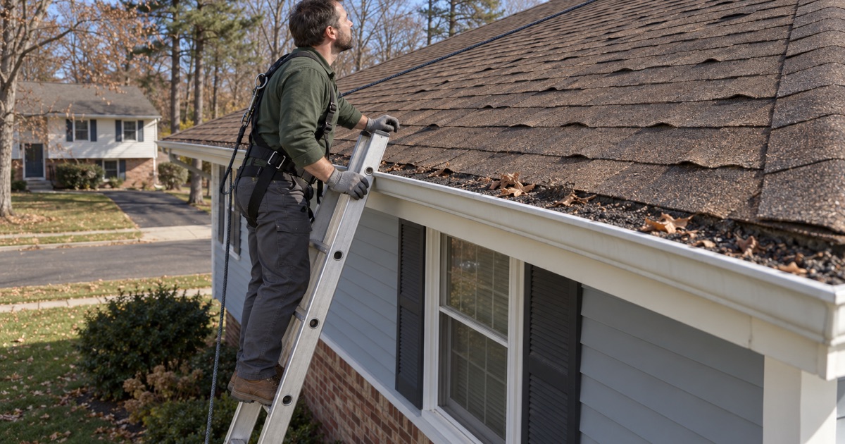 A roofer on a ladder checking curled shingles and loose granules at the gutter of a Howell bi-level.