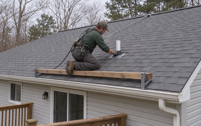 A roofer fitting a new pipe boot around a plumbing vent on the rear slope of a Howell split-level.