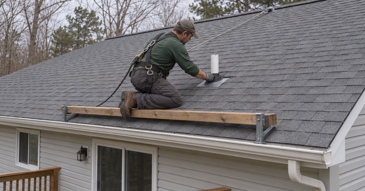 A roofer fitting a new pipe boot around a plumbing vent on the rear slope of a Howell split-level.