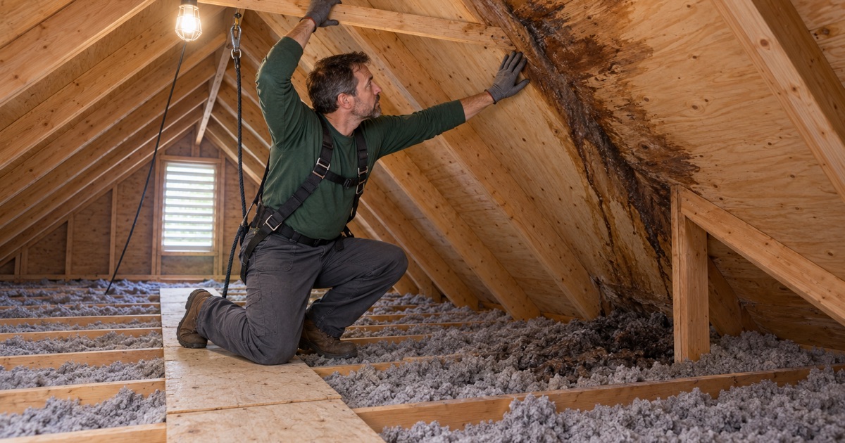 A roofer in the attic of a Howell colonial following a leak stain down the sheathing beneath a valley.