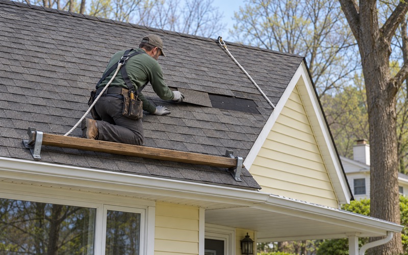 A roofer sliding a replacement shingle into a gap on the front slope of a Howell ranch.