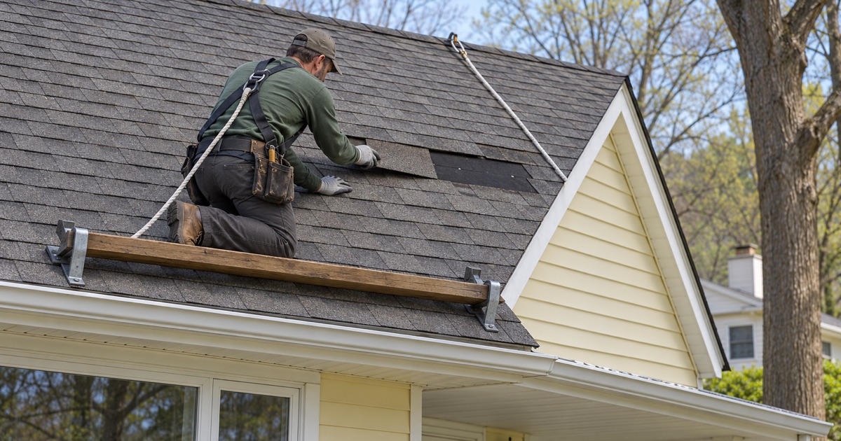 A roofer sliding a replacement shingle into a gap on the front slope of a Howell ranch.