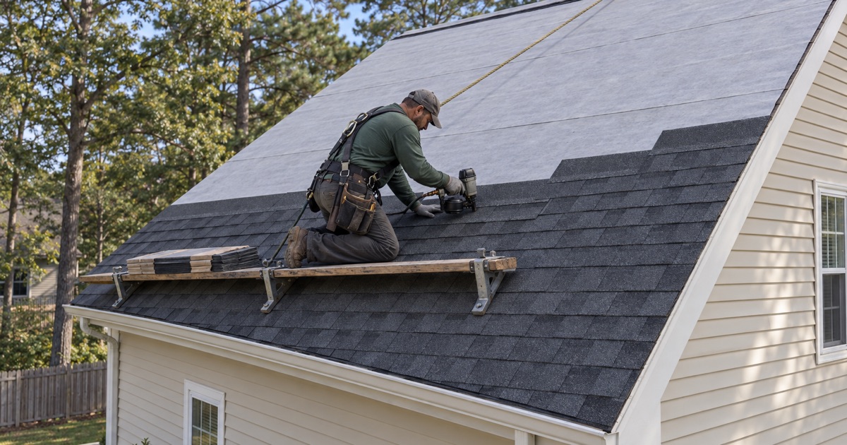 New architectural shingles being nailed over fresh underlayment during a roof replacement on a Howell colonial.