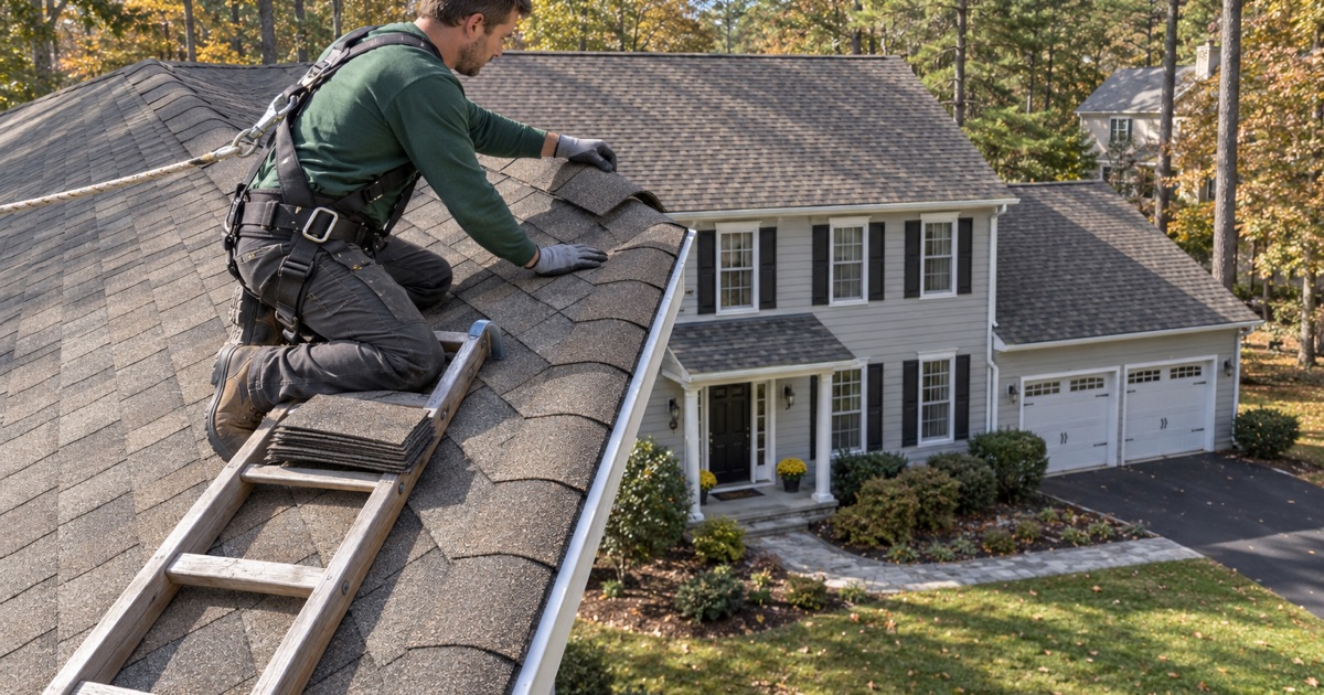 A roofer capping the ridge of a newly shingled 1980s colonial on a wooded lot in Howell Township.
