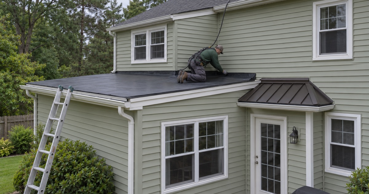 A roofer tucking a flat-roof membrane under the lowest shingle course where a Howell family-room addition meets the main roof.