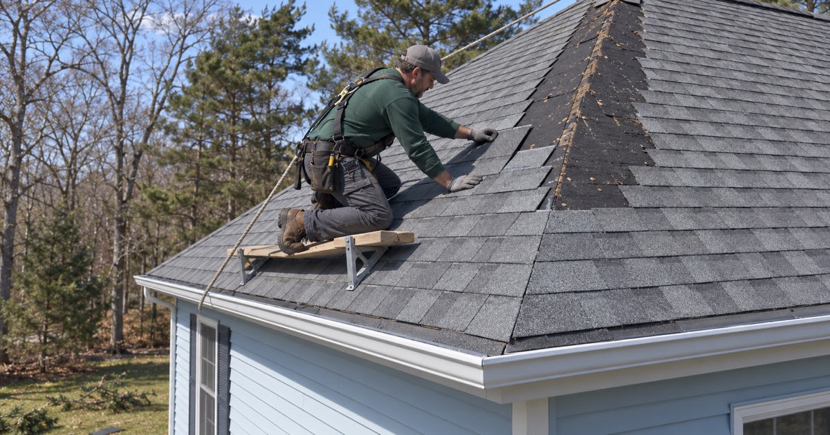A roofer re-shingling a hip where wind tore the cap and shingles off a Howell colonial.