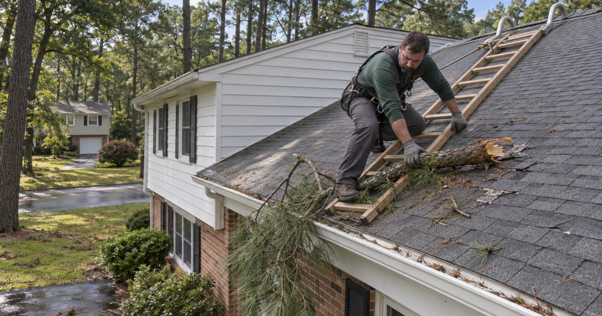 A roofer sliding a broken pine limb off the roof of a Howell split-level the morning after a thunderstorm.